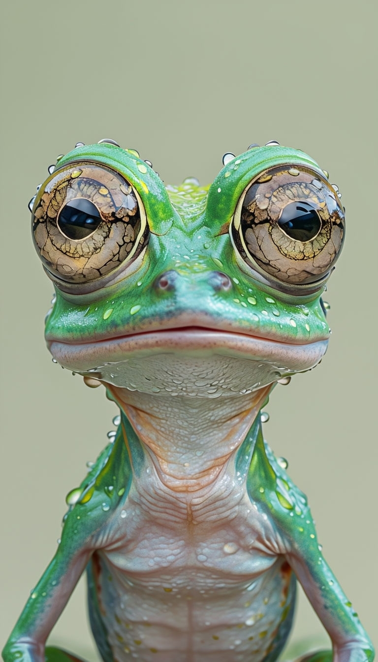 Vibrant Green Frog Portrait with Glossy Droplets Art