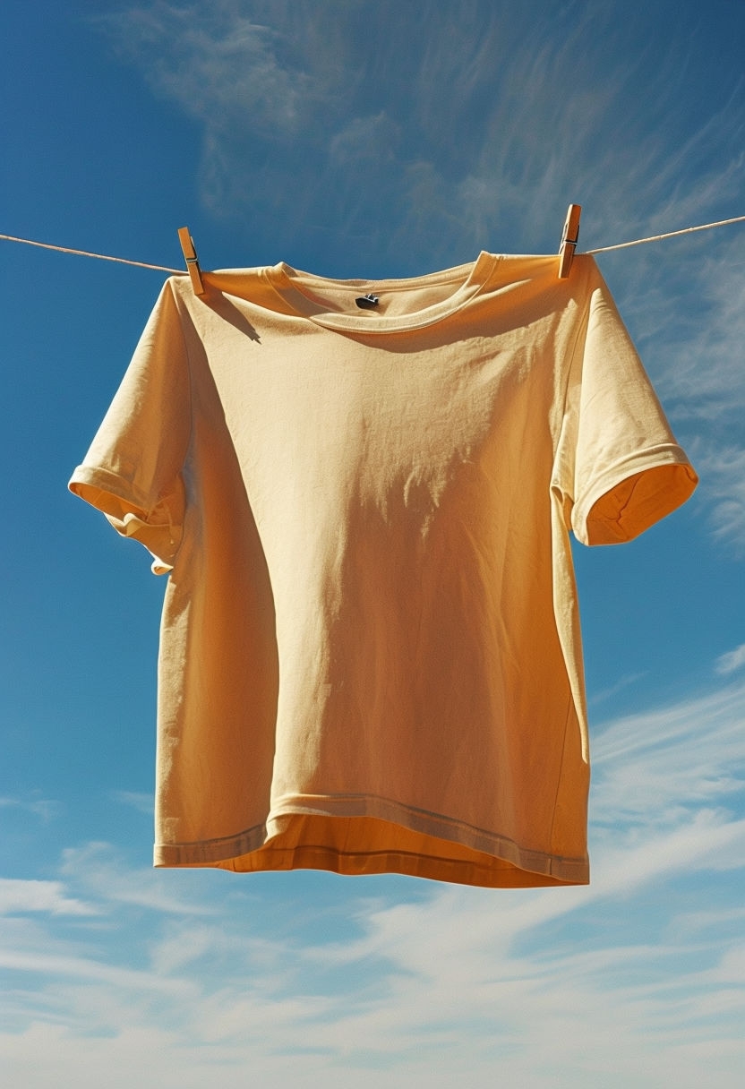 Beige Oversized T-Shirt Hanging on Clothesline in Sunshine Mockup