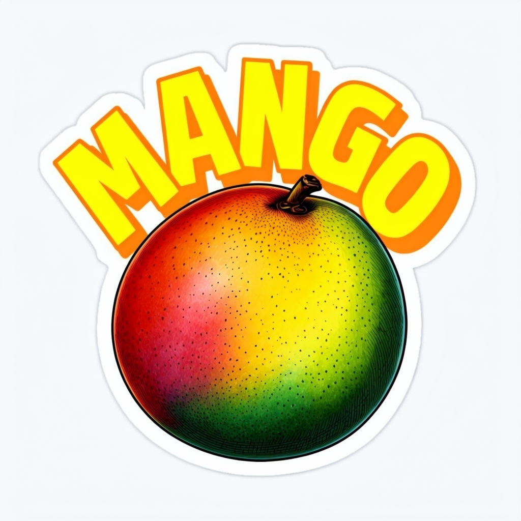 Vibrant Mango Sticker with Bold 'MANGO' Text Illustration