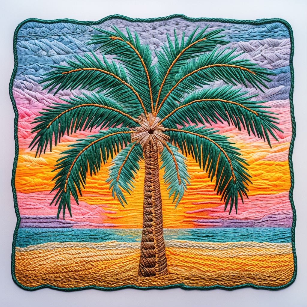 Vibrant Embroidered Coconut Palm Tree Beach Hat Design