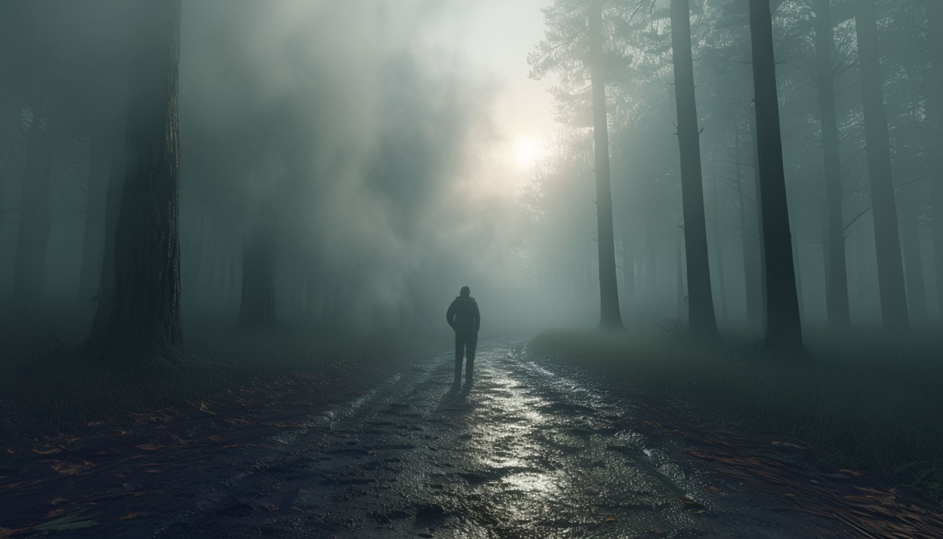 Mysterious Forest Pathway in Foggy Atmosphere Virtual Background