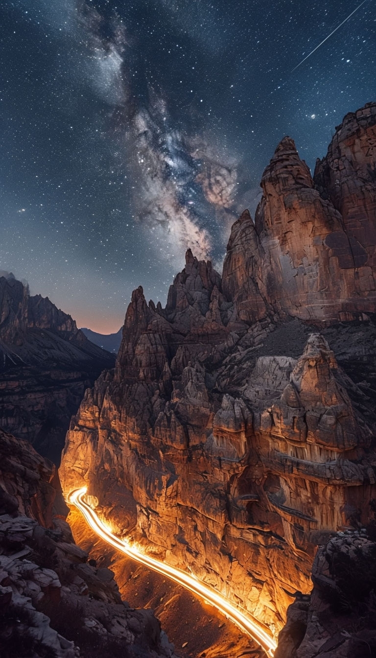 Stunning Night Landscape with Starry Sky and Mountain Trails Mobile Wallpaper