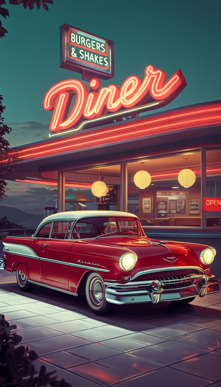 Vintage Red Car Parked in Front of Retro Diner Poster