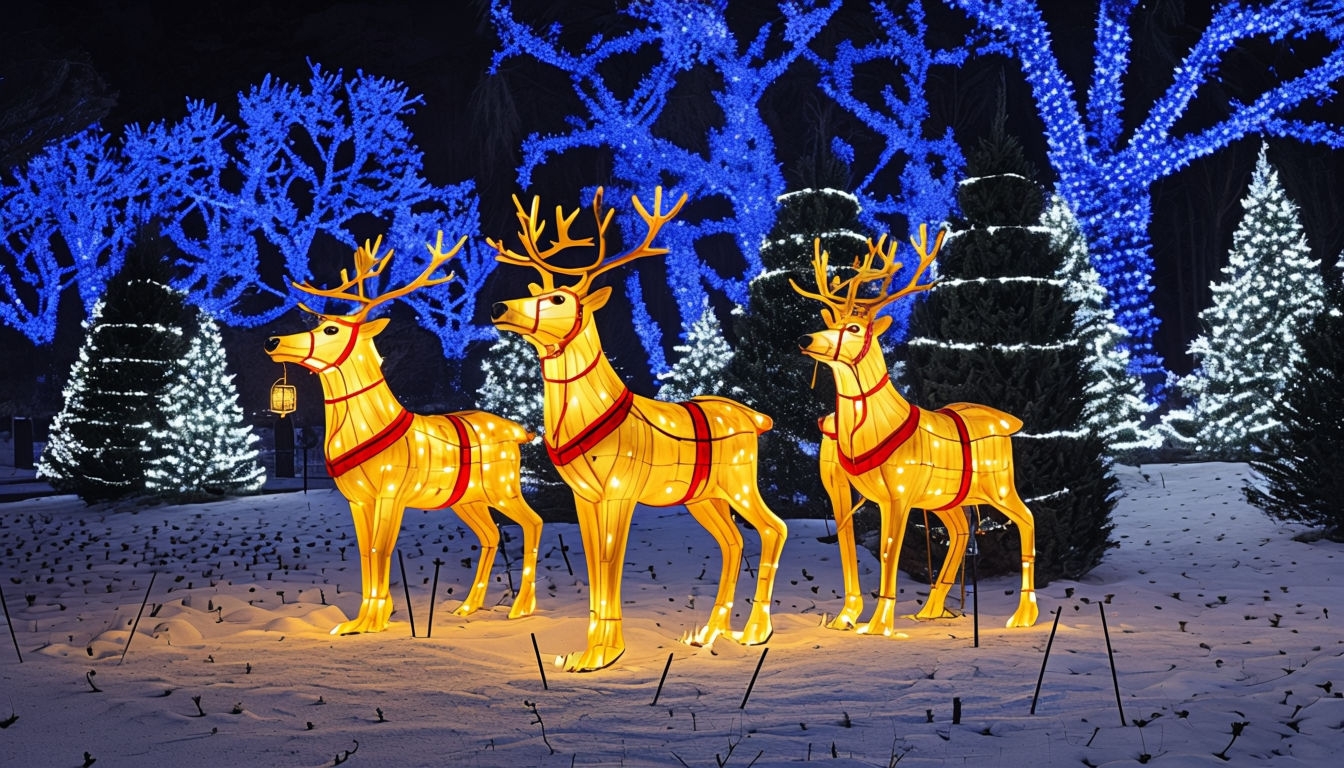 Magical Winter Wonderland with Reindeer and Christmas Lights Background