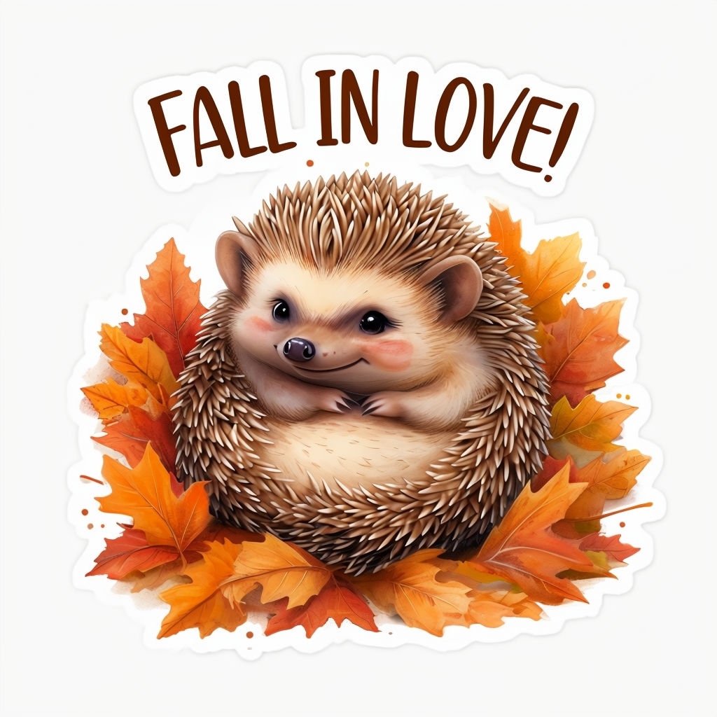 Happy Hedgehog in Autumn Leaves Whimsical Sticker