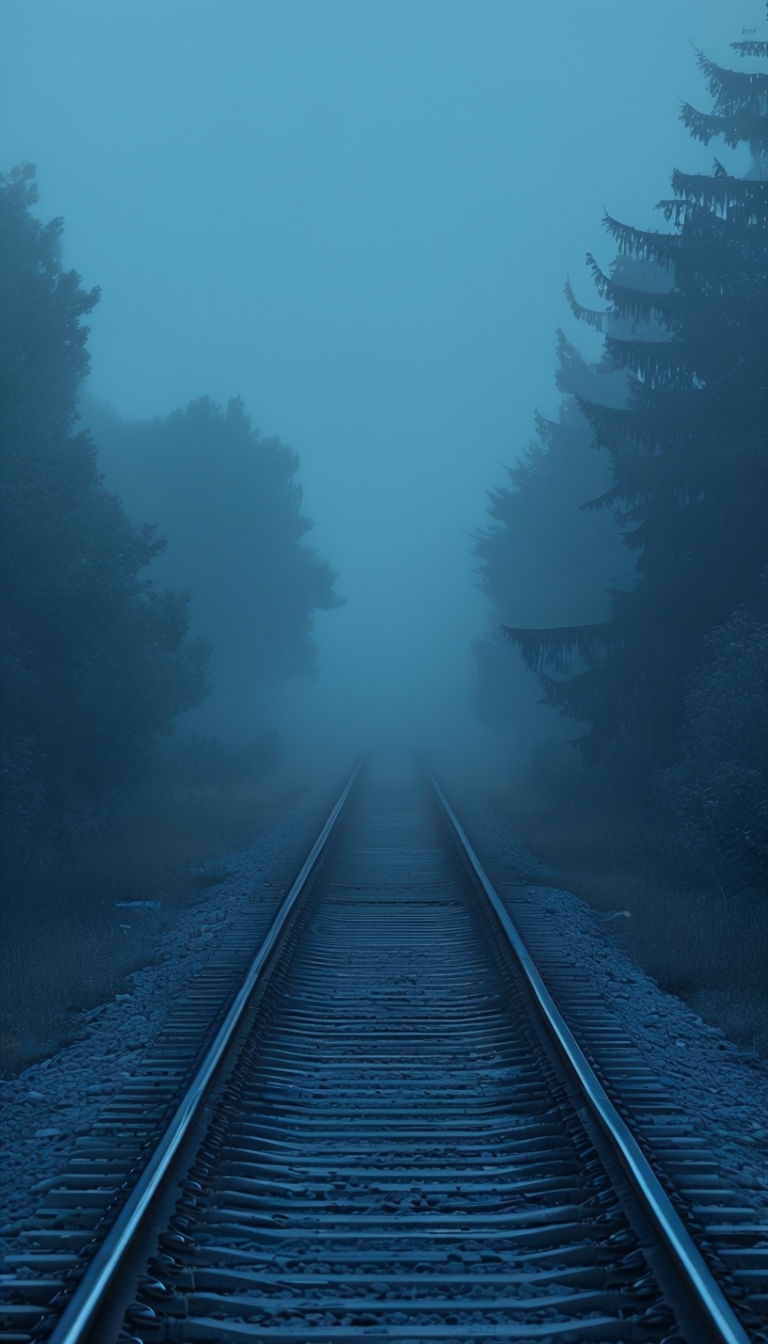 Mysterious Train Track in Foggy Blue Morning Scene Mobile Wallpaper