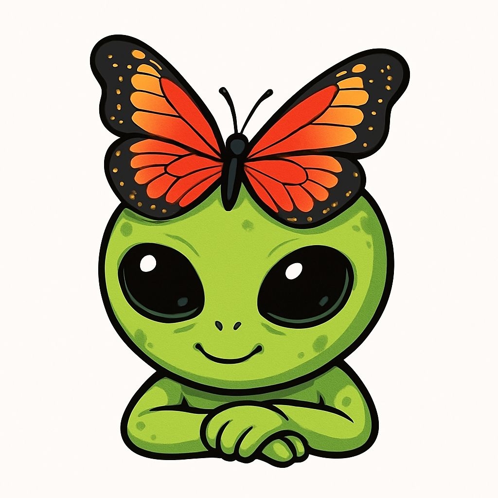 Cute Cartoon Green Alien with Butterfly Sticker