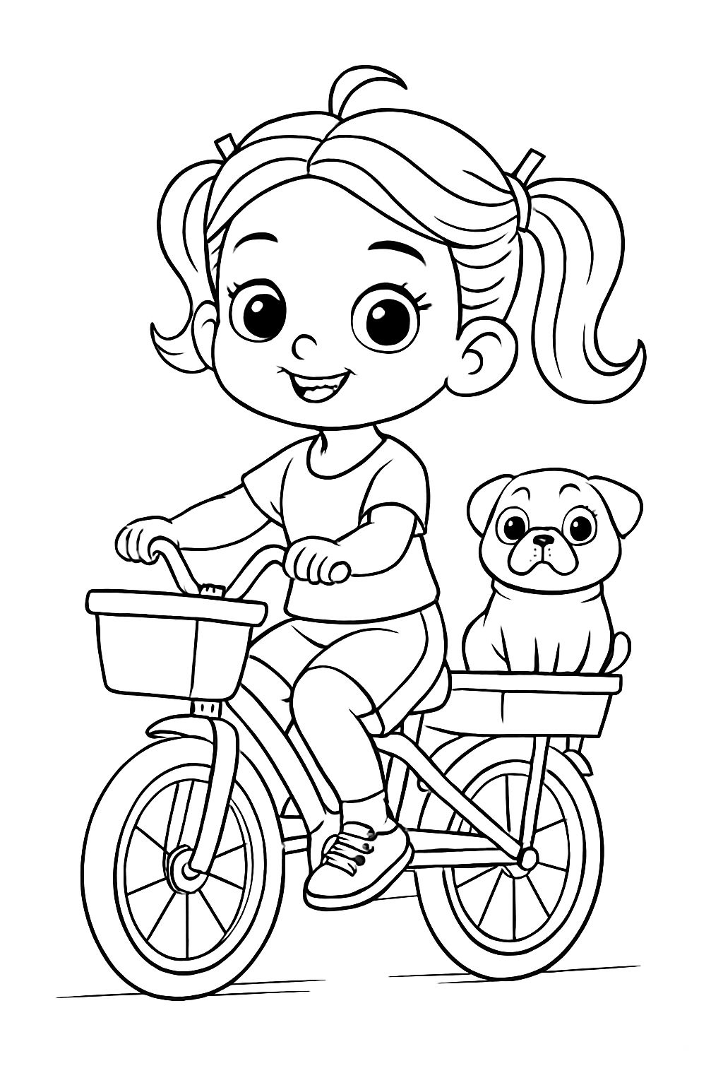 Cheerful Girl Riding Bicycle with Dog in Basket Coloring Book Pages