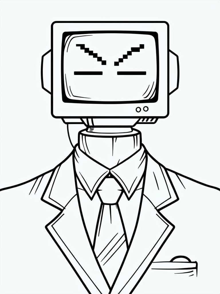 Surreal Character with CRT Monitor Head Minimal Line Art Coloring Book Pages