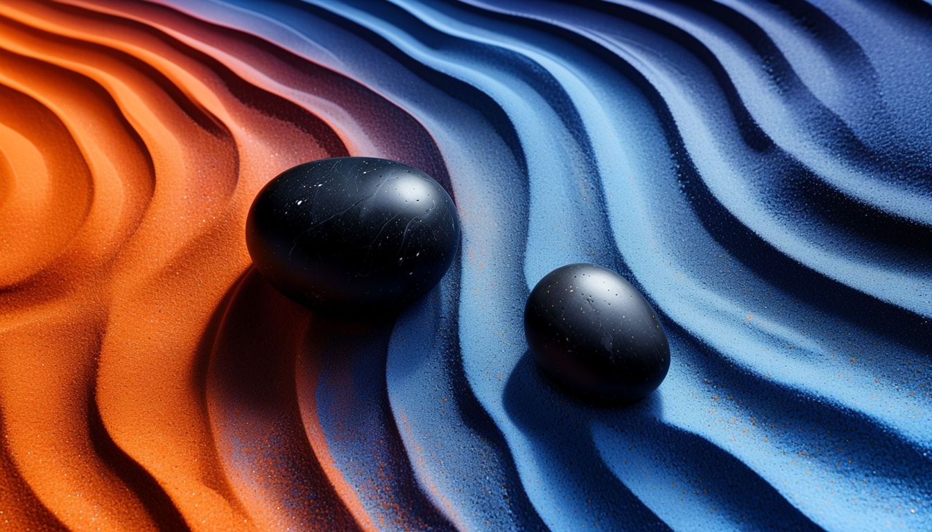 Serene Black Stones on Colorful Sand Minimalist Photography Virtual Backgrounds
