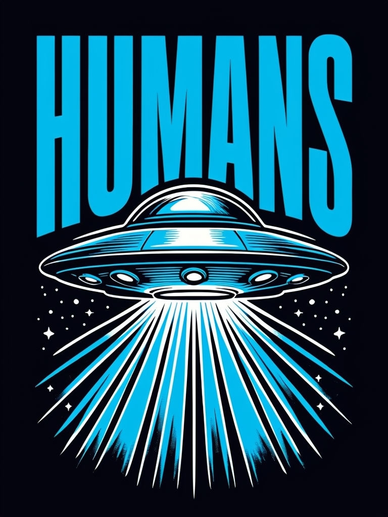 Retro Flying Saucer with Beams and HUMANS Text T-shirt