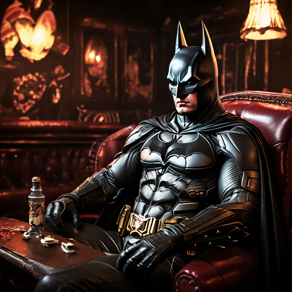 Batman and the joker are sitting next to each other on a couch while each  is holding a glass of whiskey. The joker looks like the Joaquin Phoenix  version. Batman looks like