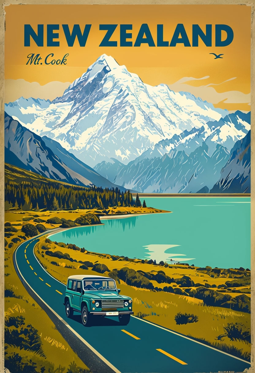 Vintage New Zealand Travel Poster Featuring Scenic Mt. Cook