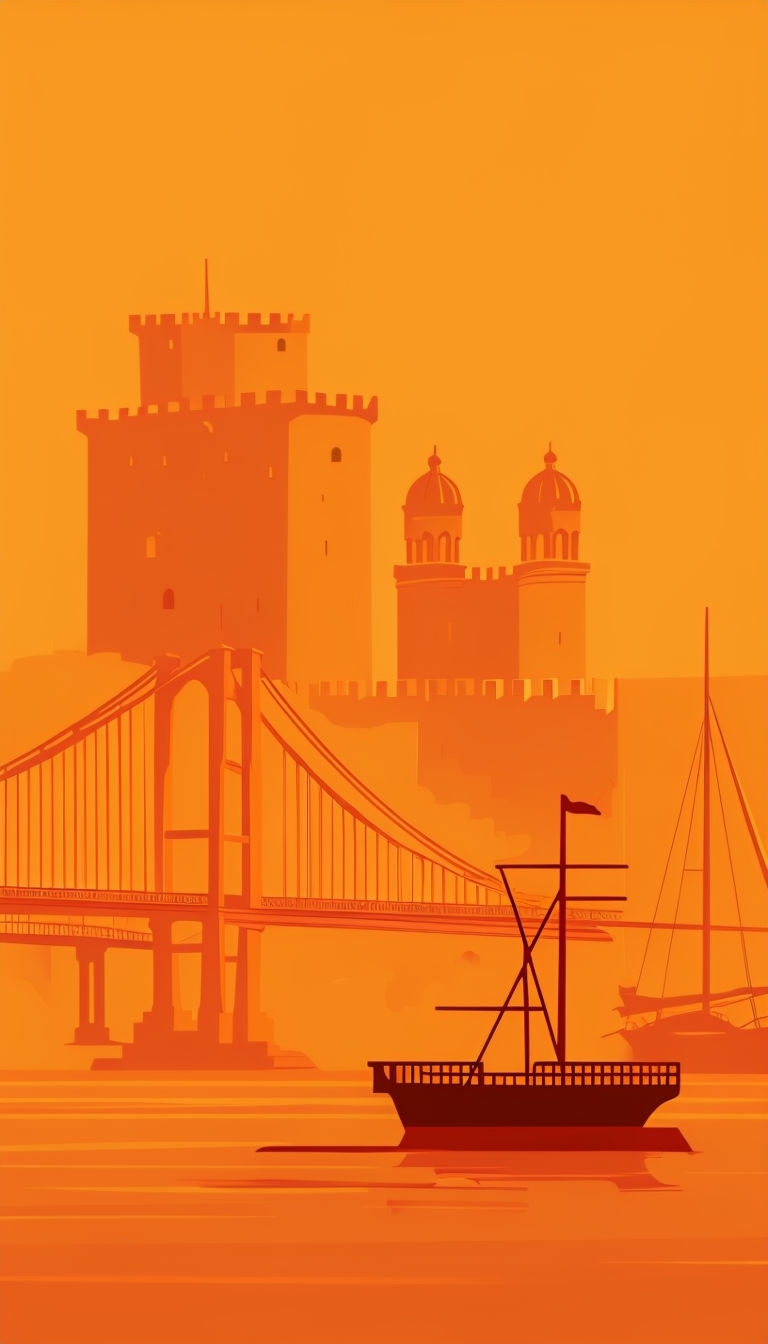 Minimalist Amber Castle and Bridge Digital Illustration Mobile Wallpaper