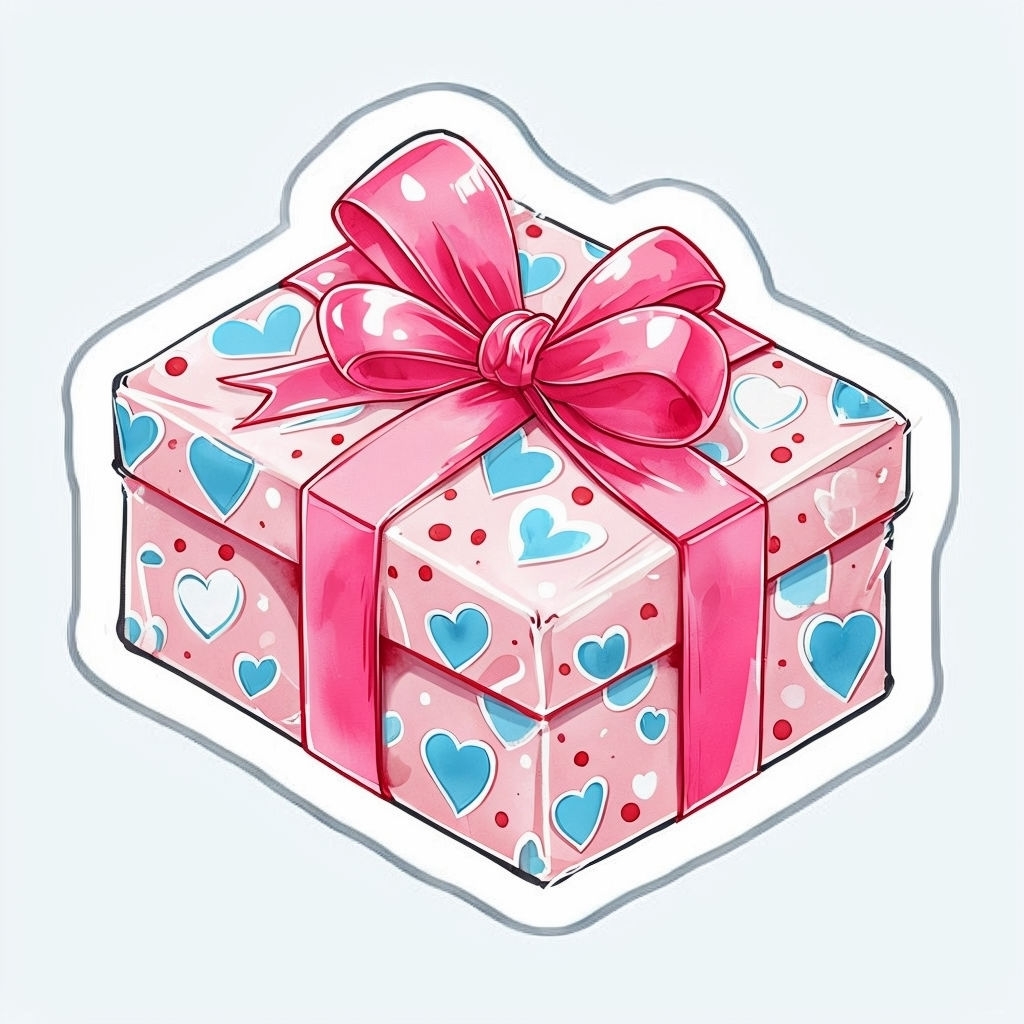 Charming Cartoon Gift Box with Hearts and Ribbon Sticker