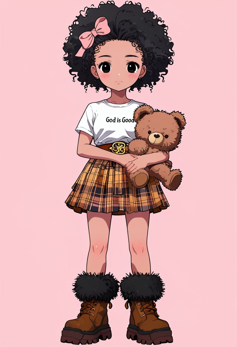 Cheerful Anime Girl with Teddy Bear Illustration Art