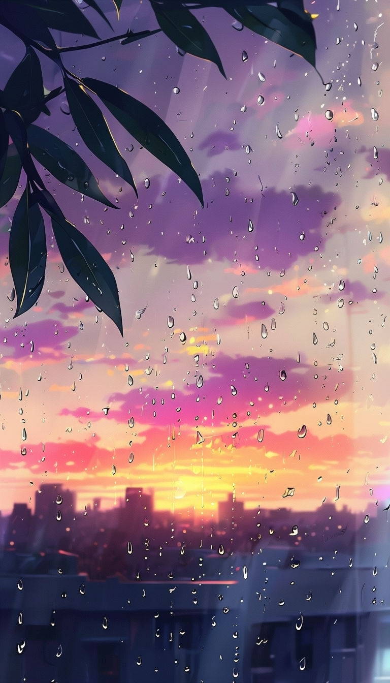 Serene Anime Sunset Urban Scene Through Rain-Splattered Window Phone Case Cover