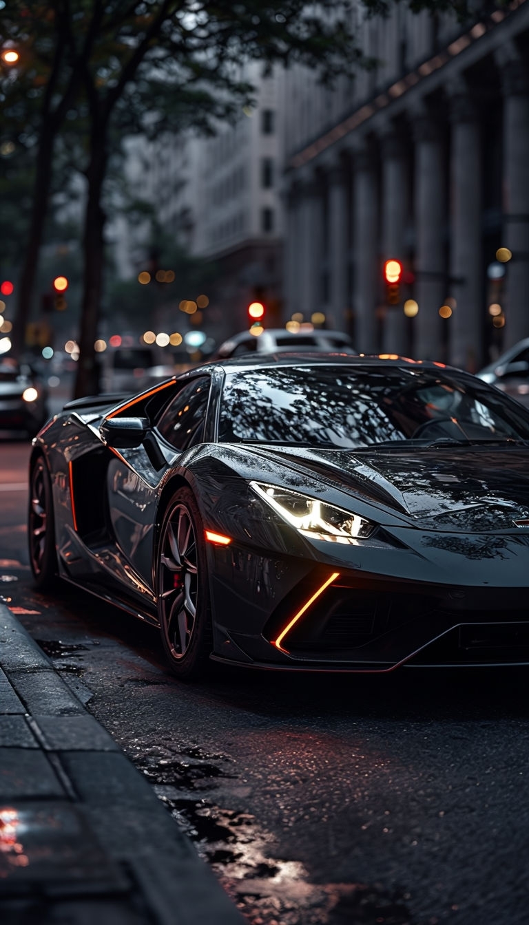 Sleek Black Sports Car Urban Street Photography at Dusk Mobile Wallpaper