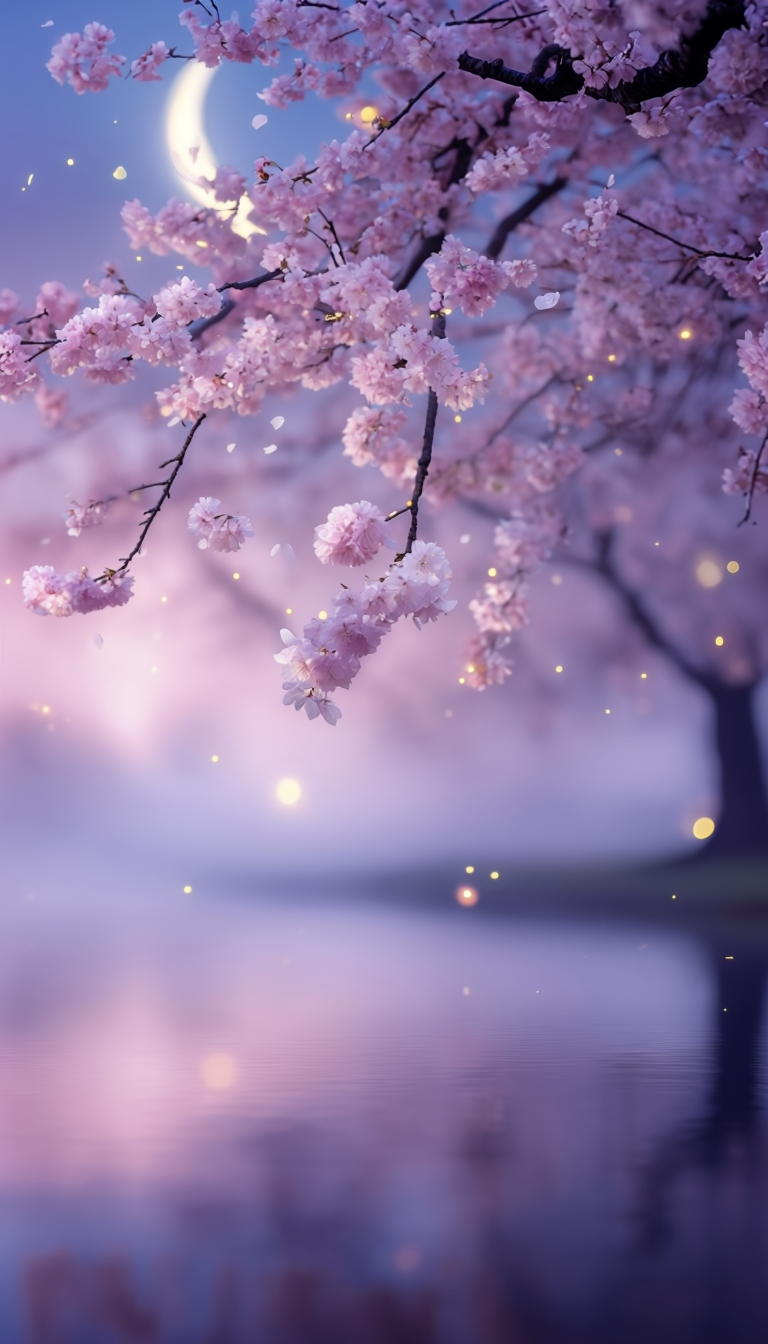 Ethereal Cherry Blossom Tree at Twilight with Fireflies Reflection Mobile Wallpaper