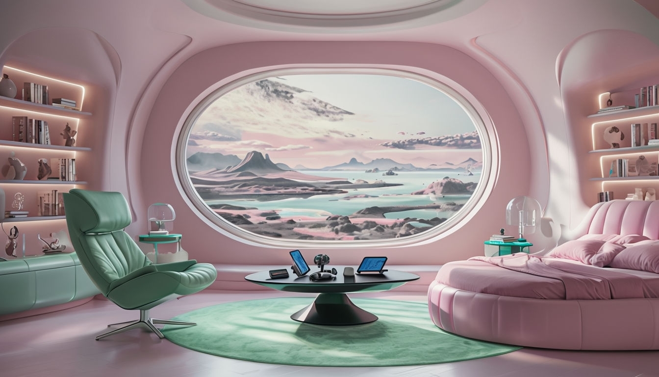 Futuristic Cozy Pastel Bedroom with Alien Landscape View Art