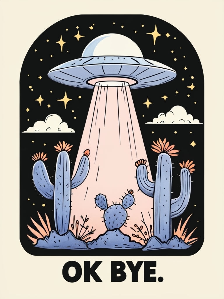 Whimsical UFO Cartoon with Cacti and Stars Illustration Poster