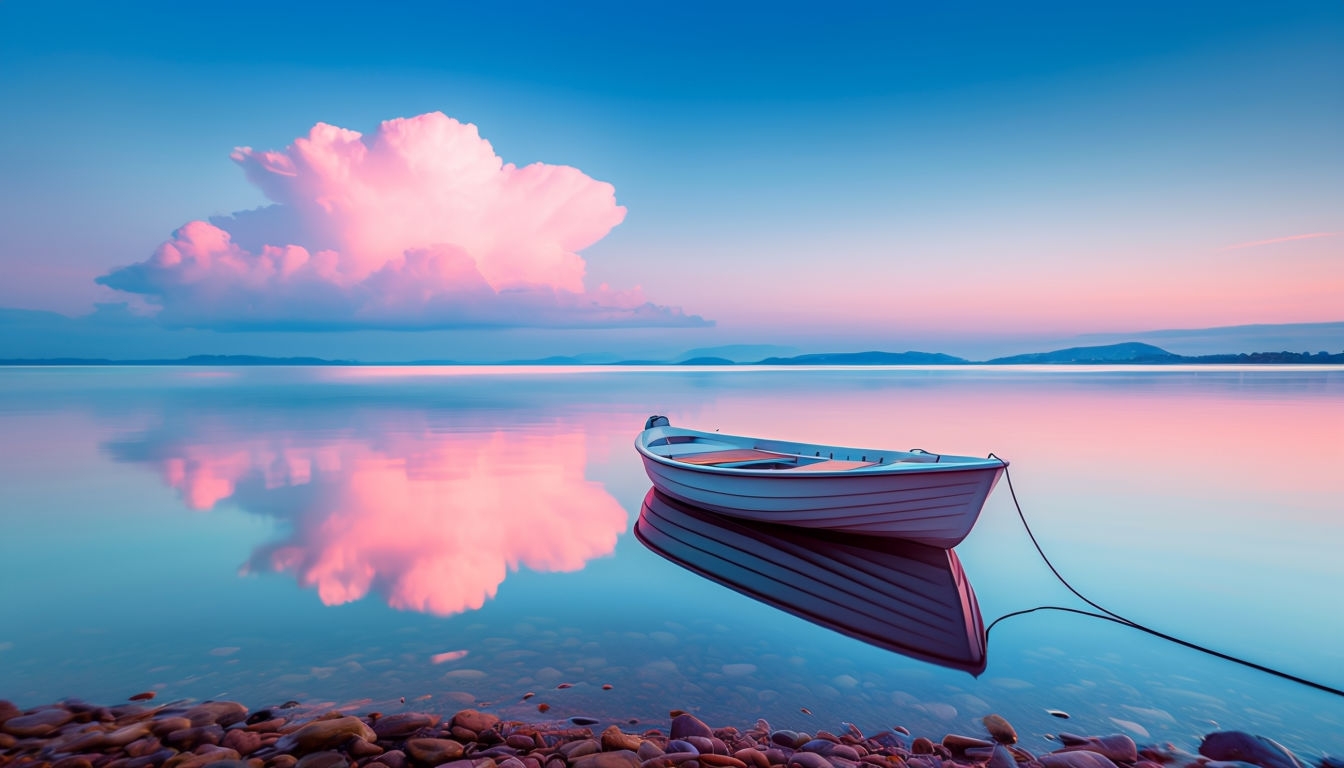 Tranquil Twilight Landscape with Boat Reflection Virtual Background