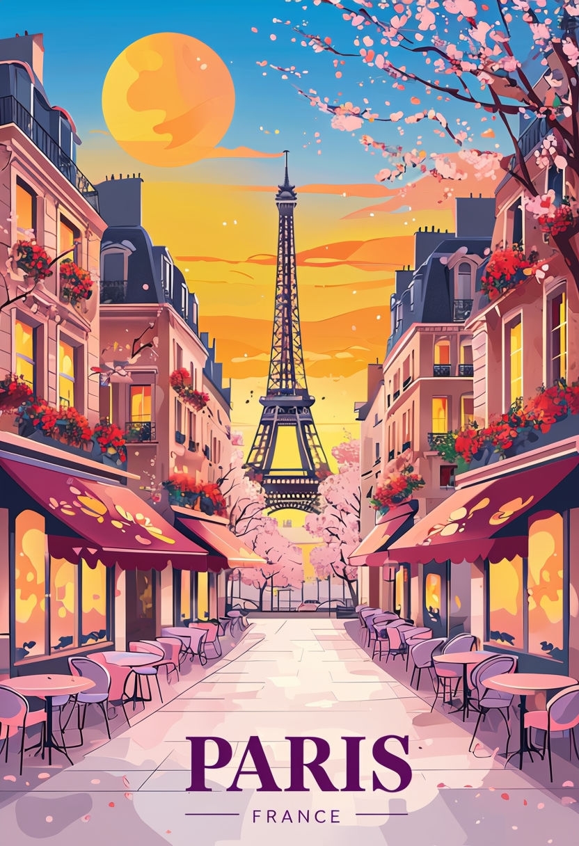 Vibrant Parisian Street Scene with Eiffel Tower at Sunset Poster