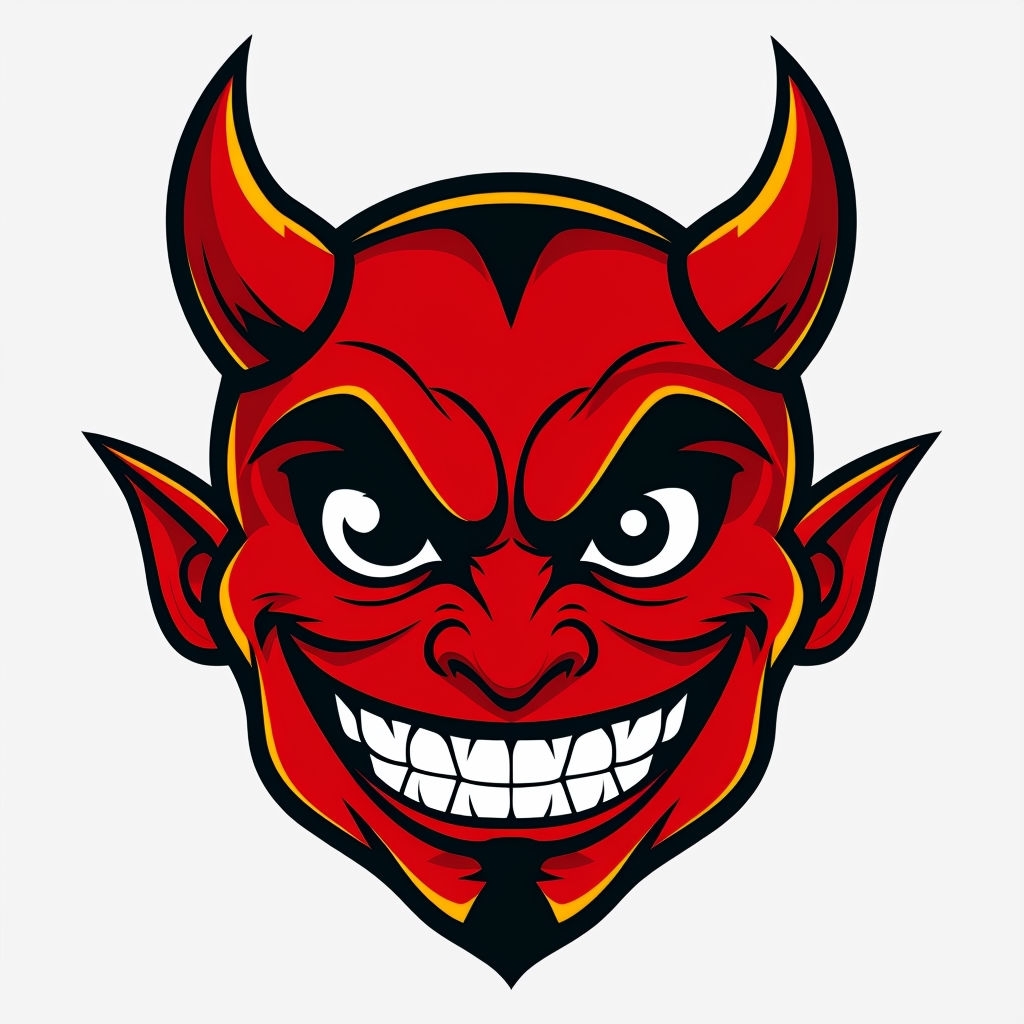 Cartoon Devilish Face Illustration with Fiery Colors Sticker
