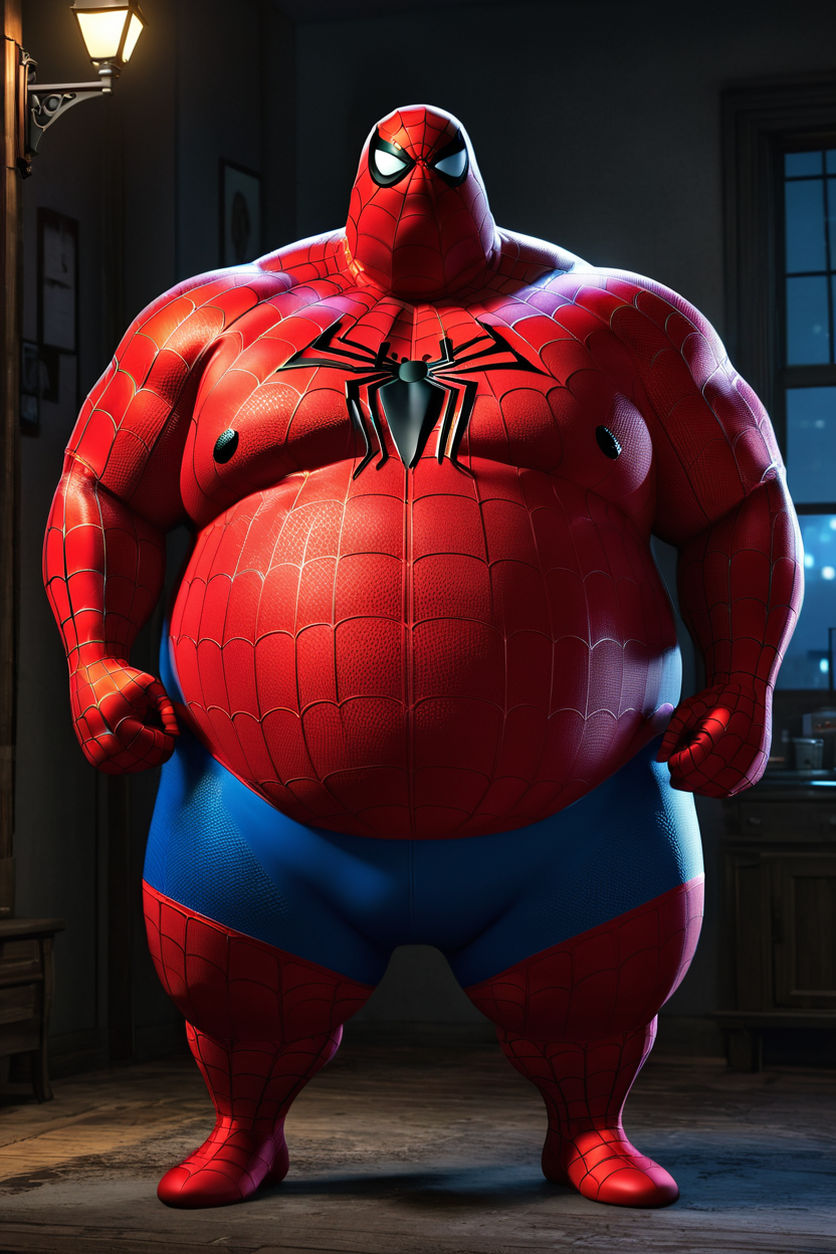 Monstrously Obese fat Spiderman rubbing his nipples by steve watson