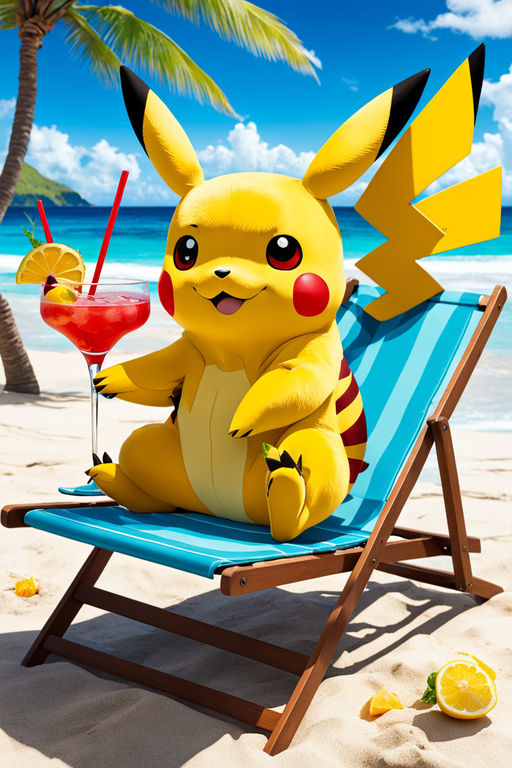 Pikachu chilling on the beach with a cocktail by Break Bros - Playground