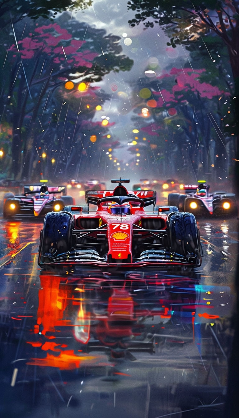 Intense Formula 1 Race Car Under Twilight Rain Mobile Wallpaper