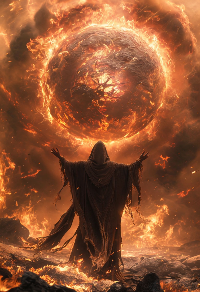 Dramatic Hooded Figure Summoning Fireball Fantasy Art