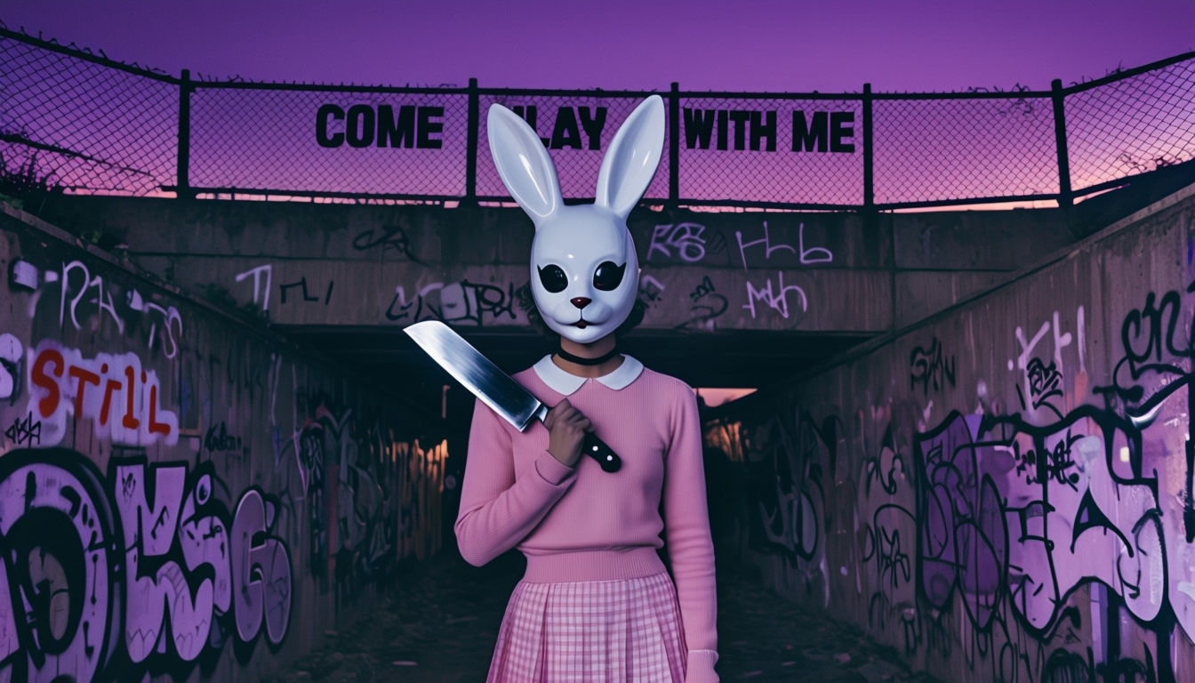 Eerie Night Graffiti Tunnel with Rabbit Mask Figure Virtual Background