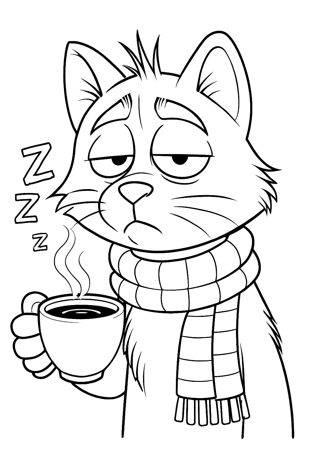 Sleepy Cartoon Cat with Coffee Line Drawing Coloring Book Pages