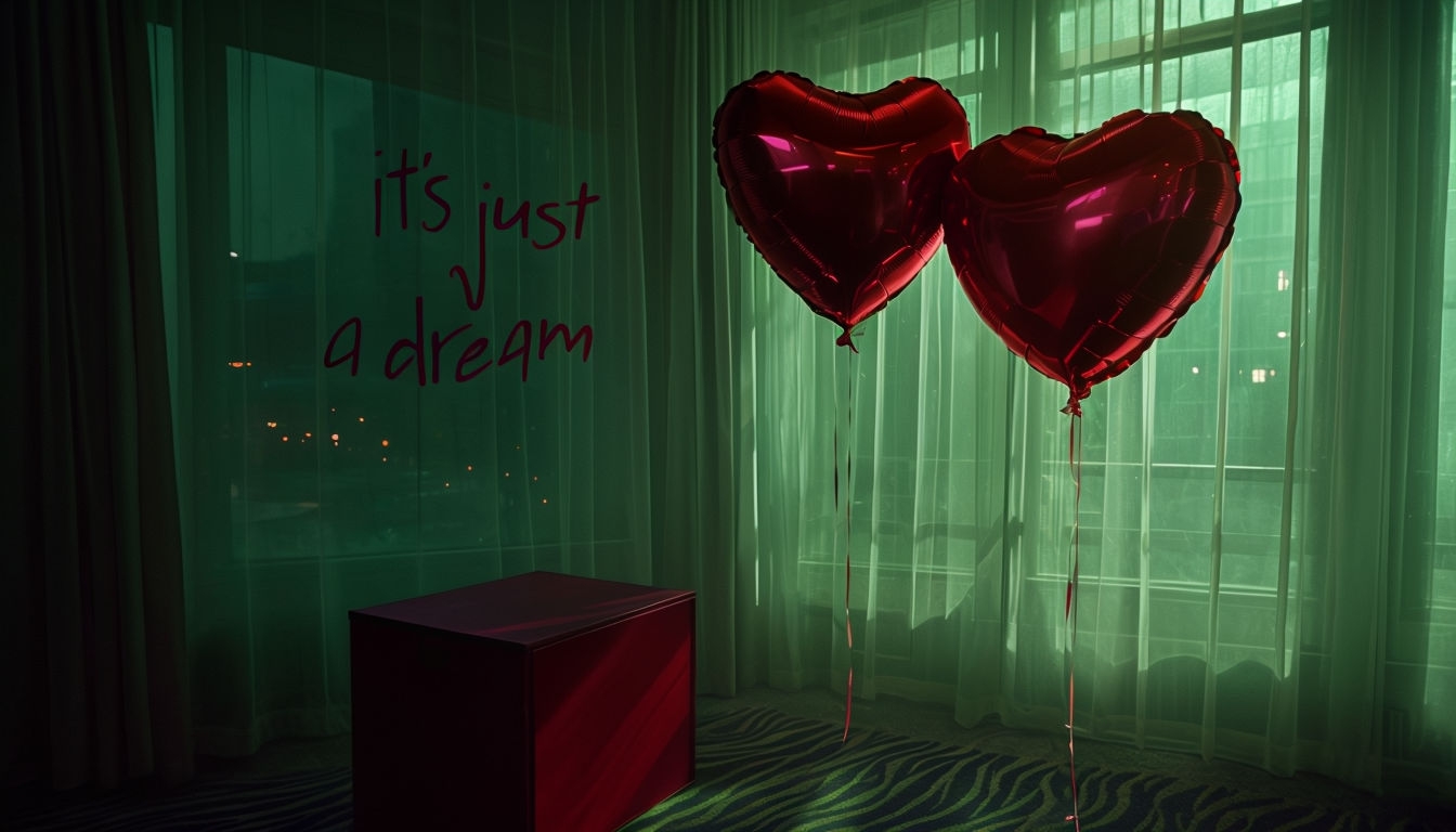 Surreal Indoor Scene with Heart Balloons and Dreamy Aesthetic Virtual Background