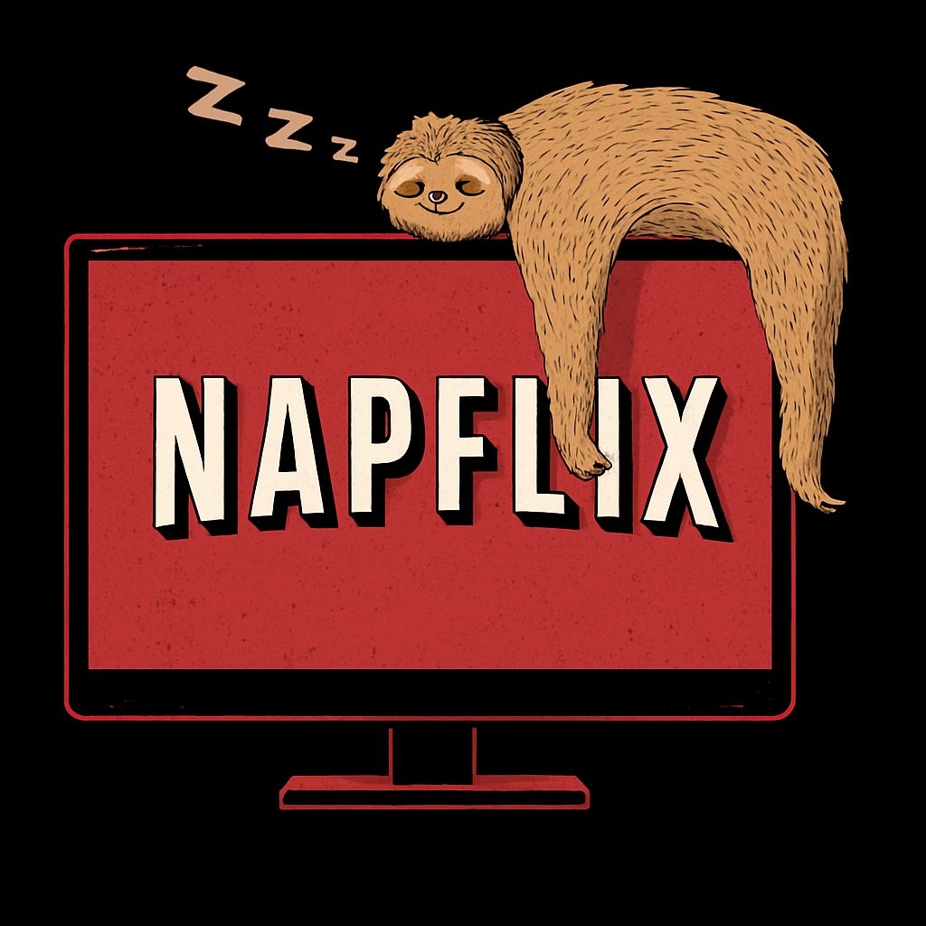 Playful Sloth on TV with NAPFLIX Cartoon T-Shirt
