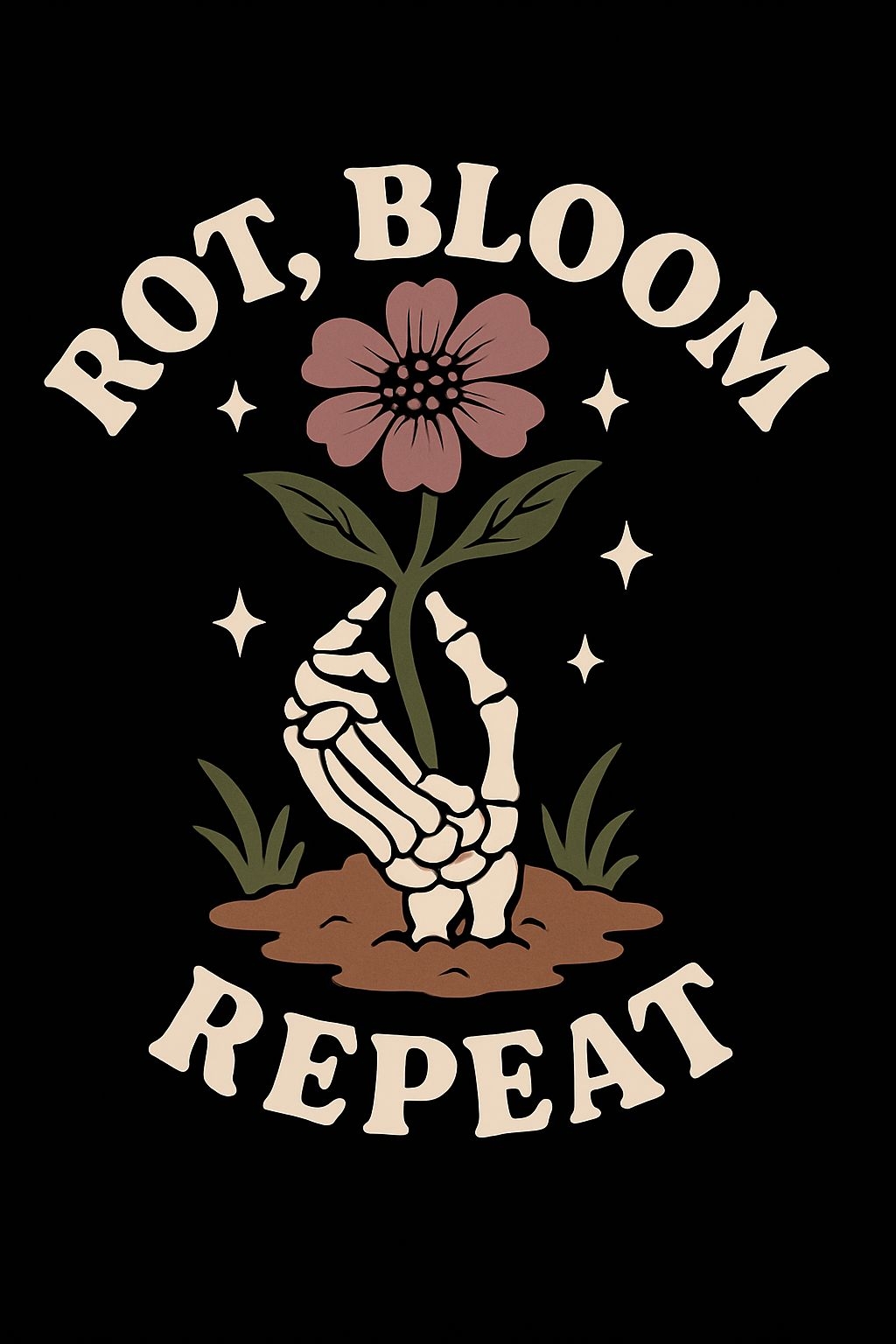 Skeletal Hand Gripping Flower with ROT BLOOM REPEAT Poster
