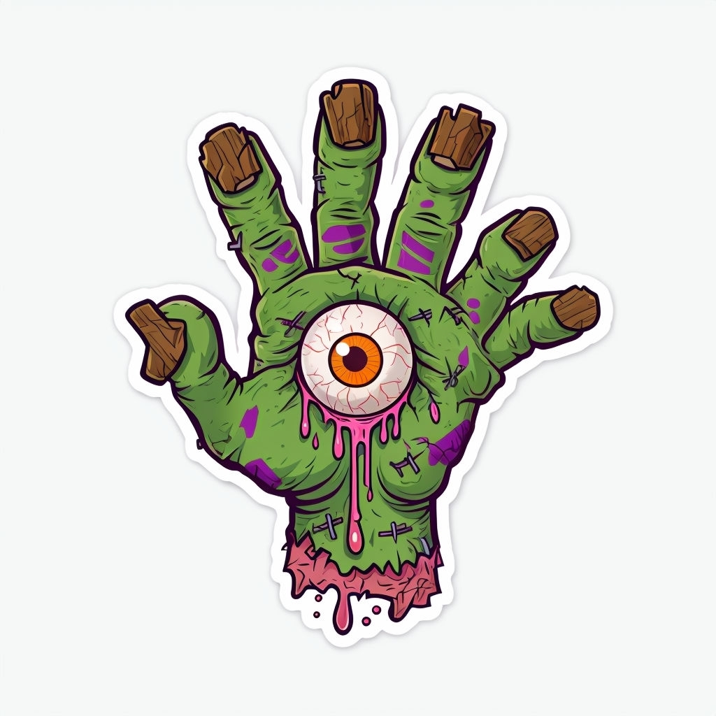 Cartoonish Green Zombie Hand with Eyeball Illustration Sticker