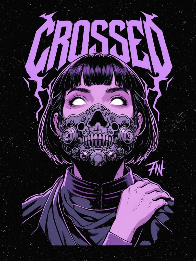 Cyberpunk Character with Mechanical Mask and Crossed Typography T-Shirt