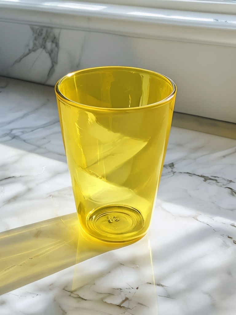 Cheerful Yellow Glass Tumbler on Marble Countertop Mockup