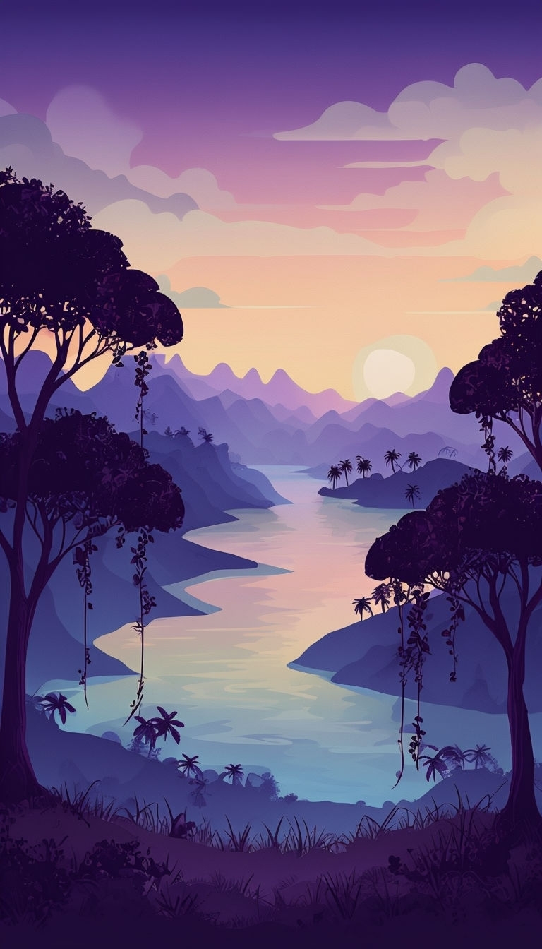 Tranquil Sunset Landscape Illustration with Mountains and Water Mobile Wallpaper