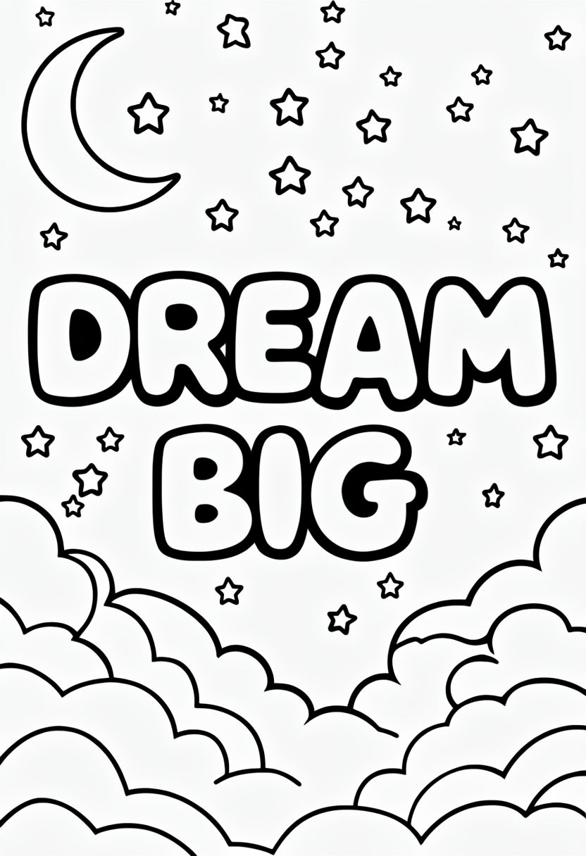 Dream Big Motivational Phrase with Stars and Moon Coloring Page