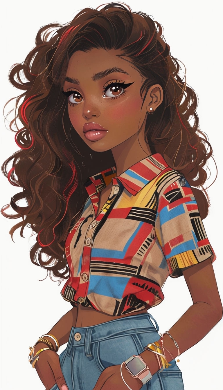 Portrait of a Young Woman with Curly Hair and Vibrant Shirt Art