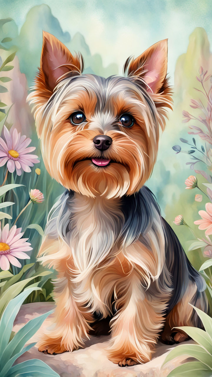 Prompt: Yorkshire terrier, cartoon style, sitting, tilting its head, wide doe eyes, expressing curiosity, in a whimsical, pastel-hued fantasy landscape, surrounded by fanciful flora, watercolor texture, soft shadows, color wash background, ultra fine detail, digital painting.