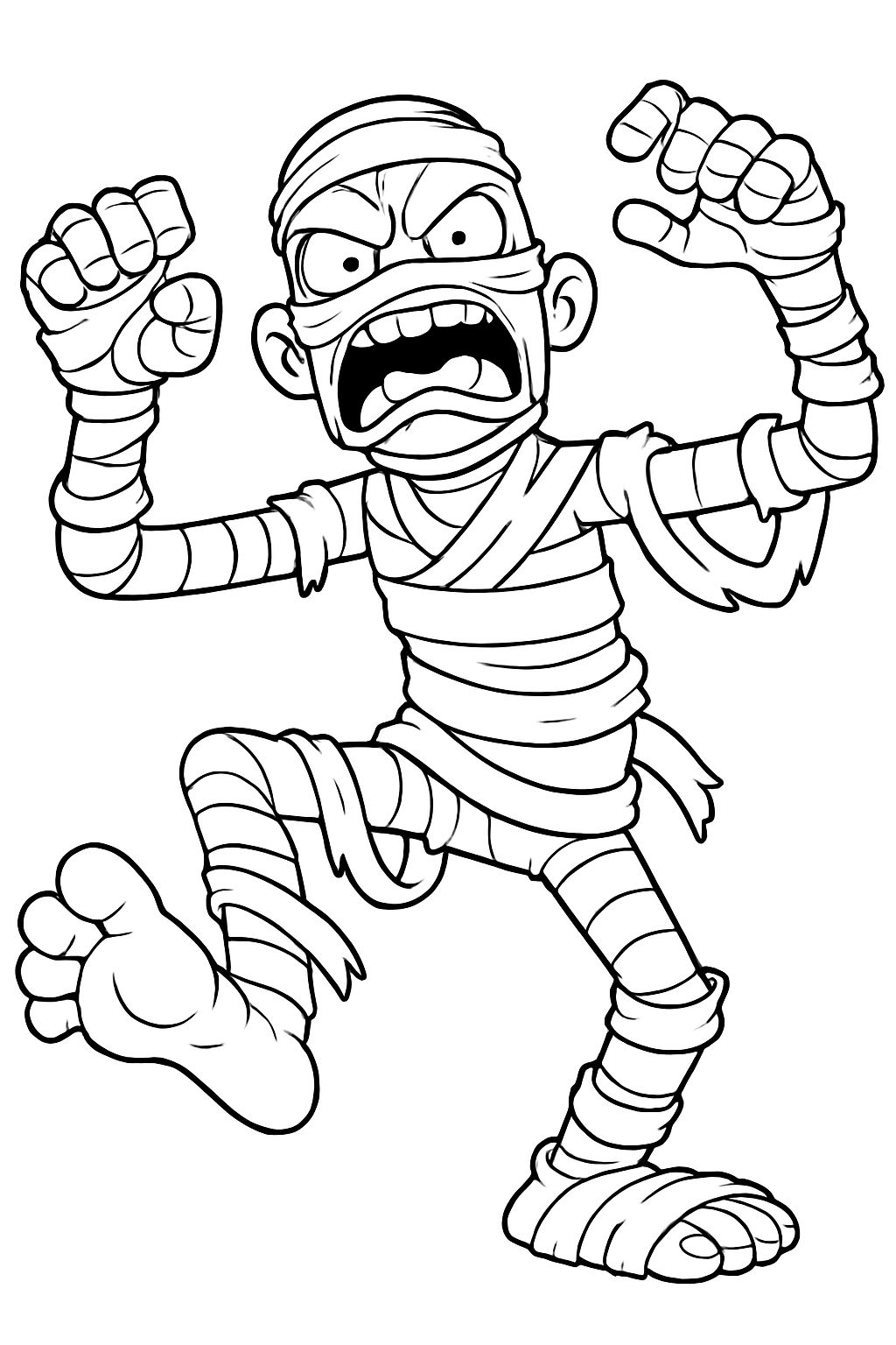 Aggressive Cartoon Mummy Line Drawing for Creative Coloring Book Pages