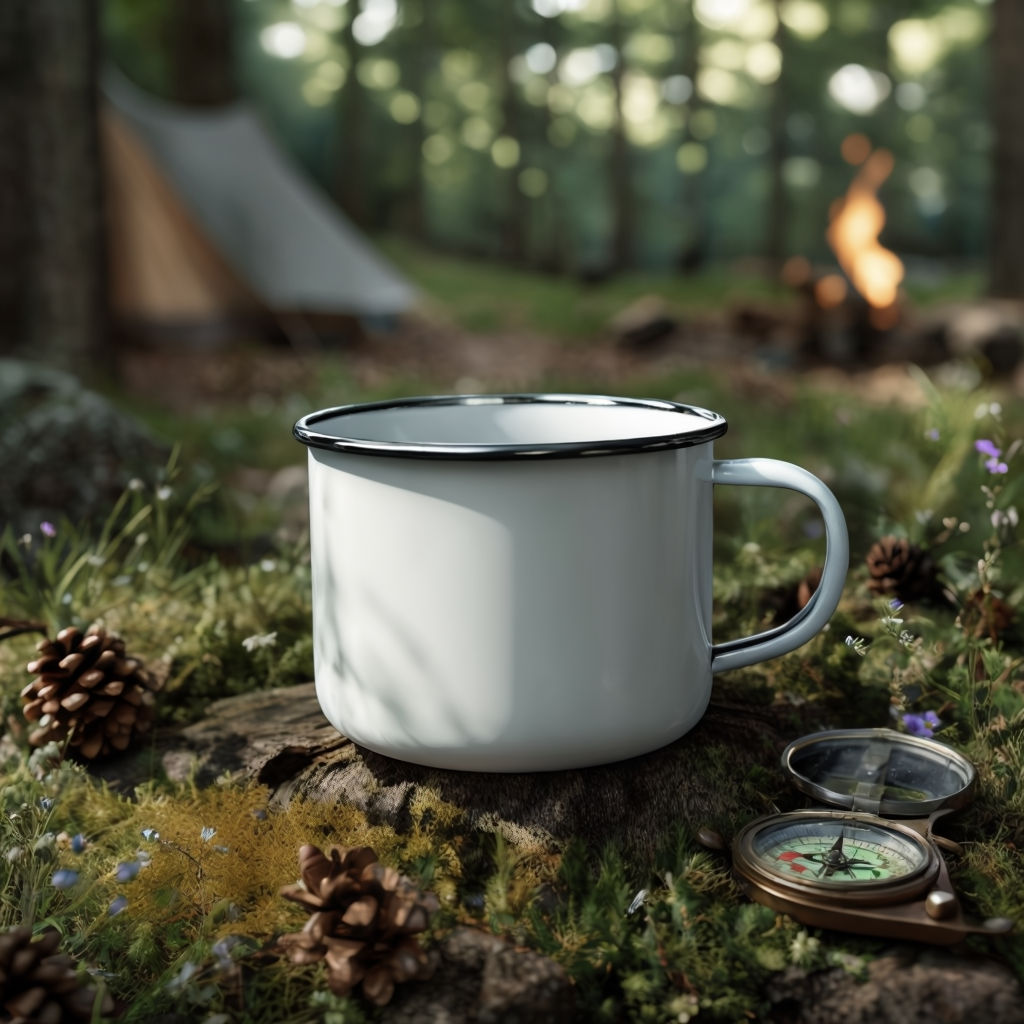 Rustic Outdoor Enamel Mug Mockup with Camping Elements Mockup