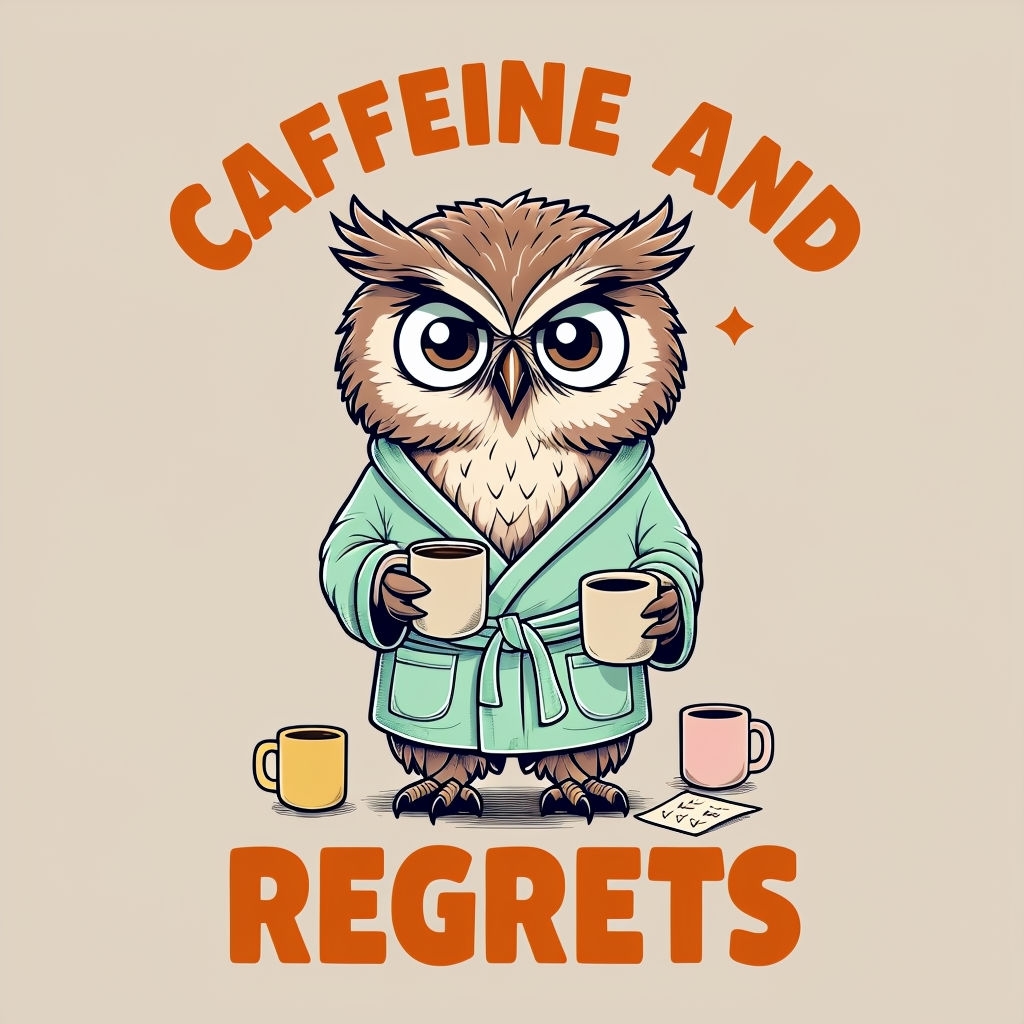Tired Owl in Bathrobe with Coffee Mugs Illustration Mug