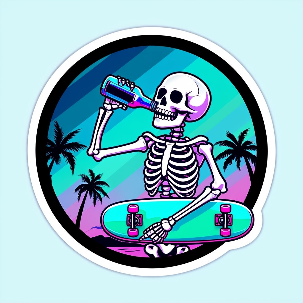 Playful Skeleton with Colorful Drink and Skateboard Sticker