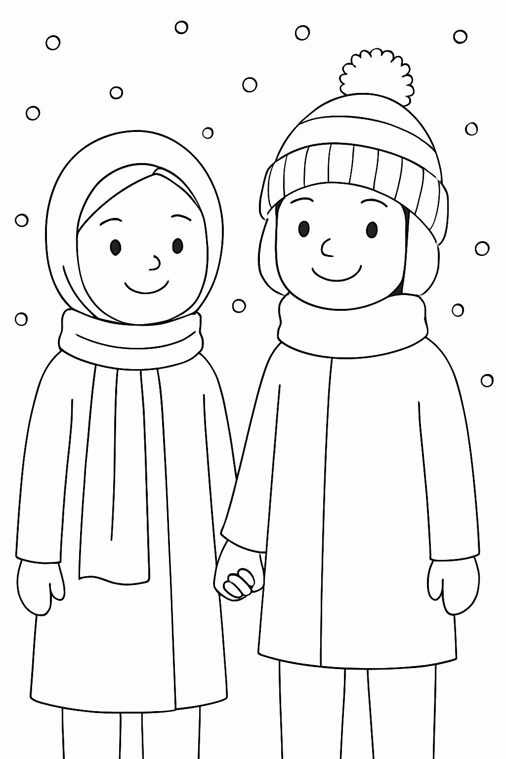 Cheerful Children Holding Hands in Winter Clothing Coloring Book Page