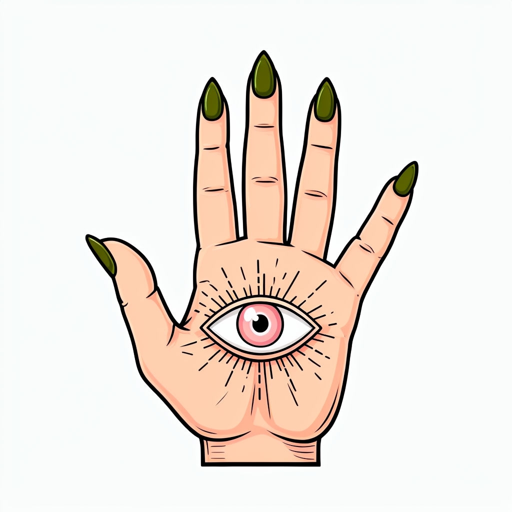 Surreal Cartoon Hand with Eye Symbol and Olive Green Nails Sticker